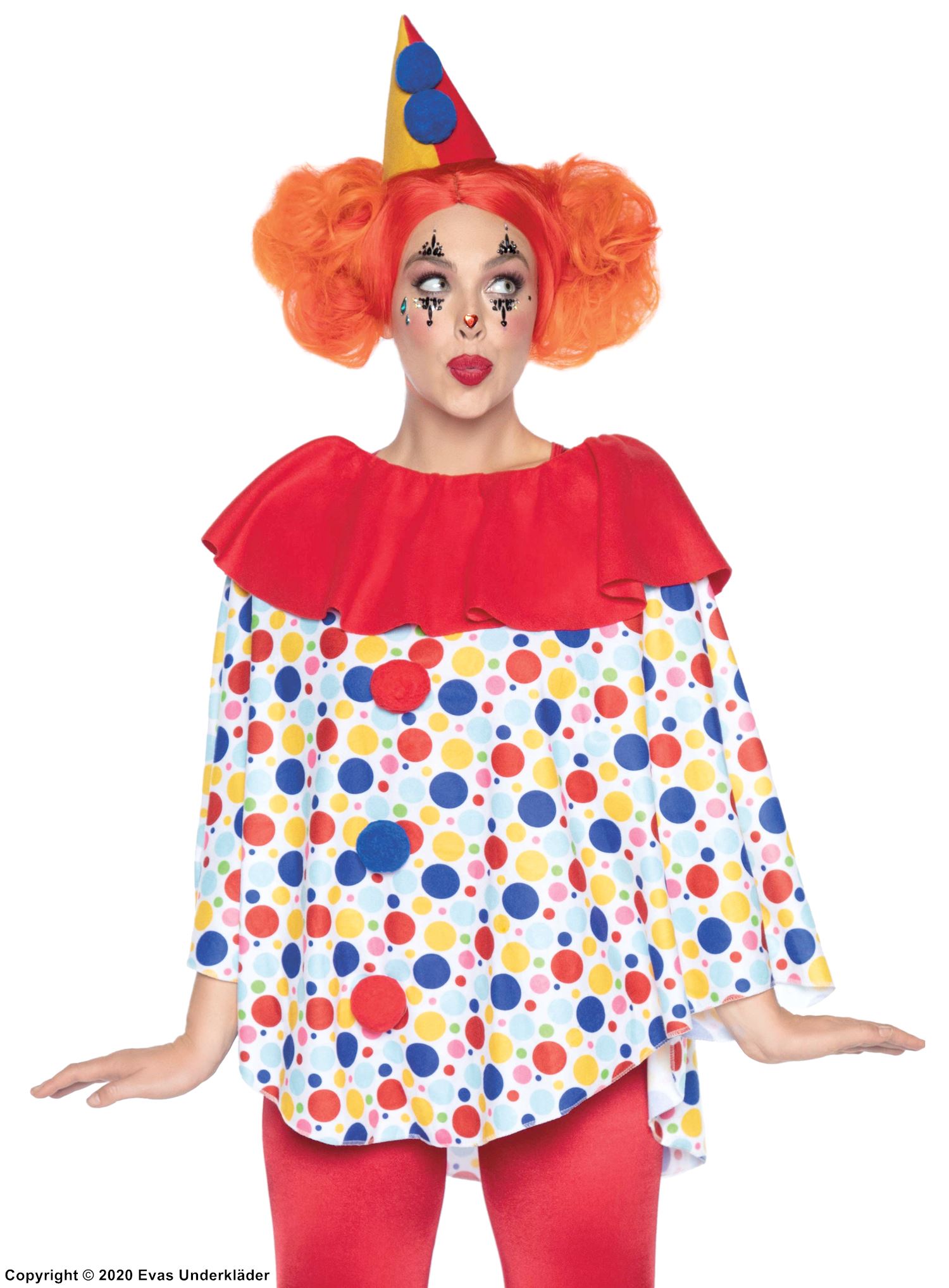 Circus clown, costume poncho, pom pom, polka dot